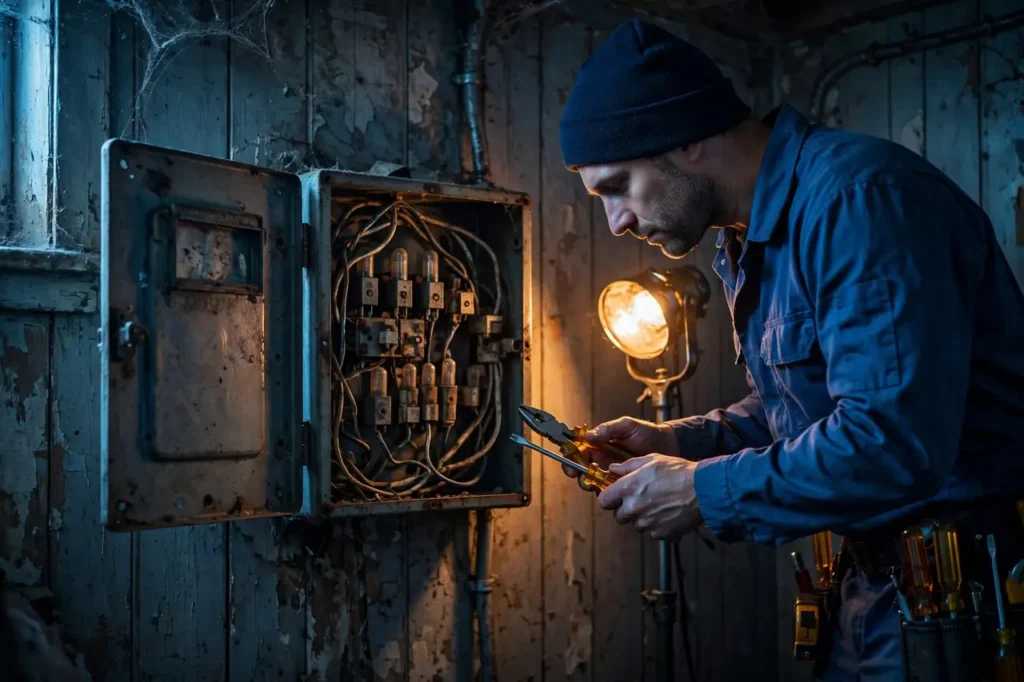 Old 100-amp fuse panel with worn wiring in Klamath Falls home